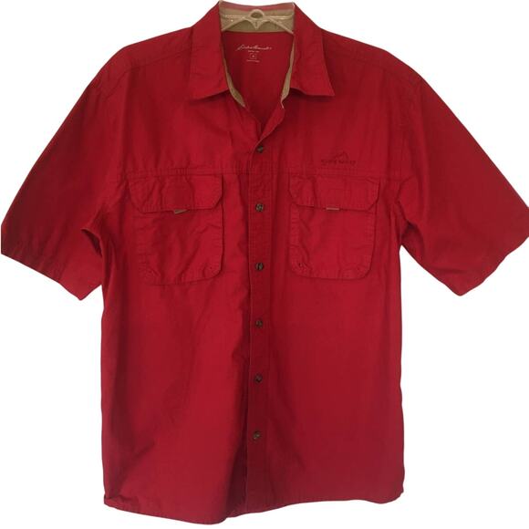 Eddie Bauer Medium Button-Up Red Shirt with Khaki Trim on Collar - Picture 1 of 4